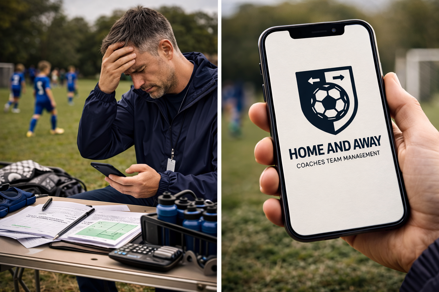 Grassroots football coach looking stressed and home and away app logo on phone